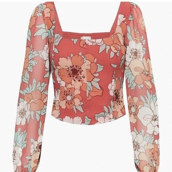 ARITZIA  WILFRED Grace Blush Floral Flowy Boho Long Sleeve Crop Top Size S New - Picture 2 of 15